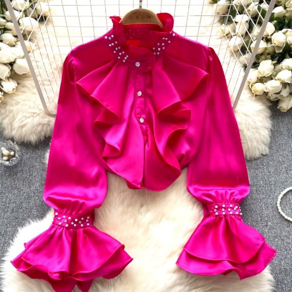 Fuchsia/Pink blouse with ruffles, rhinestones and pearls